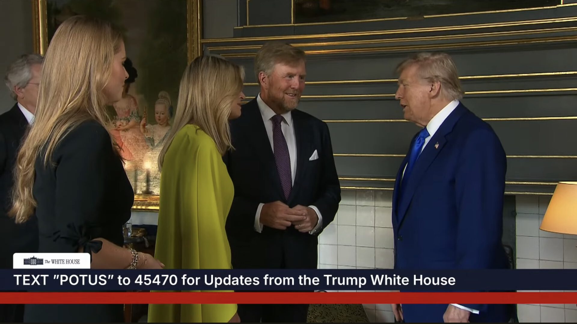 Prinses Amalia, koningin Máxima en koning Willem-Alexander heten president Donald Trump welkom