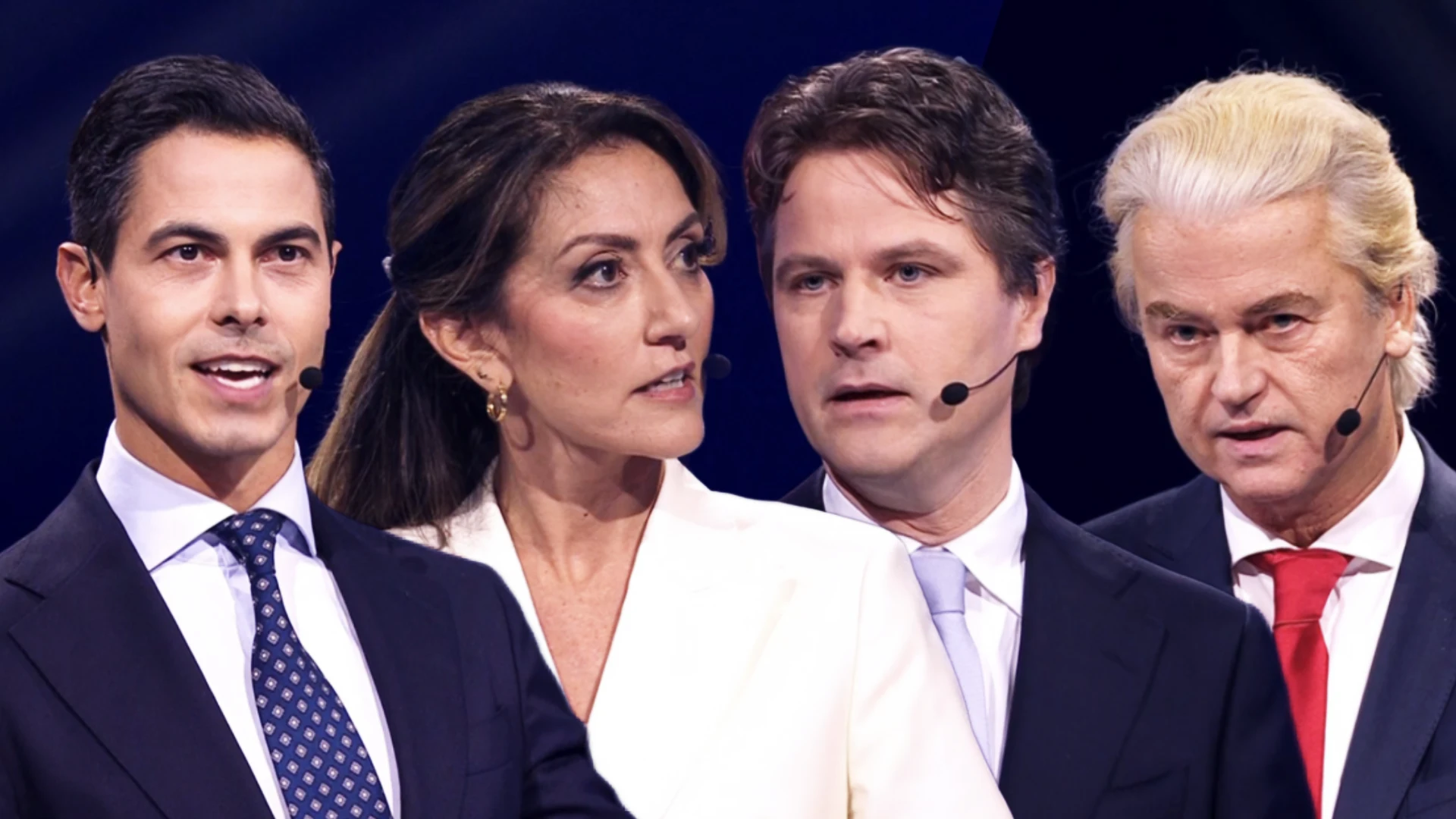 Rob Jetten/Dilan Yesilgöz/Henri Bontenbal/Geert Wilders (© AVROTROS) Rob Jetten/Dilan Yesilgöz/Henri Bontenbal/Geert Wilders (© AVROTROS)