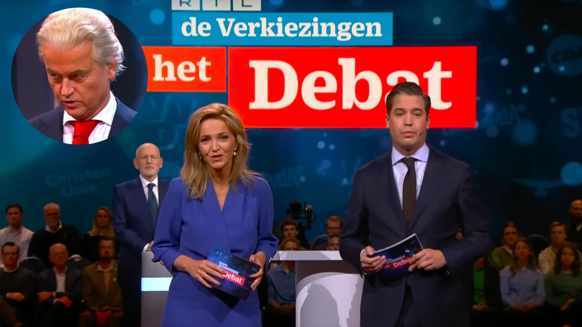 RTL-verkiezingsdebat van 12 oktober 2025, met op de achtergrond Frans Timmermans Geert Wilders