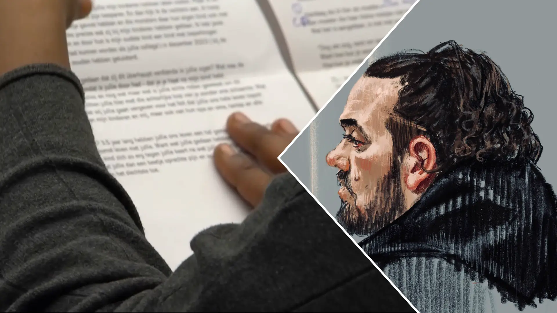 Links de moeder van het biologische pleegmeisje (© RTL Tonight), rechts de rechtbanktekening van Johnny van den Bosch (© Petra Urban) Links de moeder van het biologische pleegmeisje, rechts de rechtbanktekening van Johnny van den Bosch