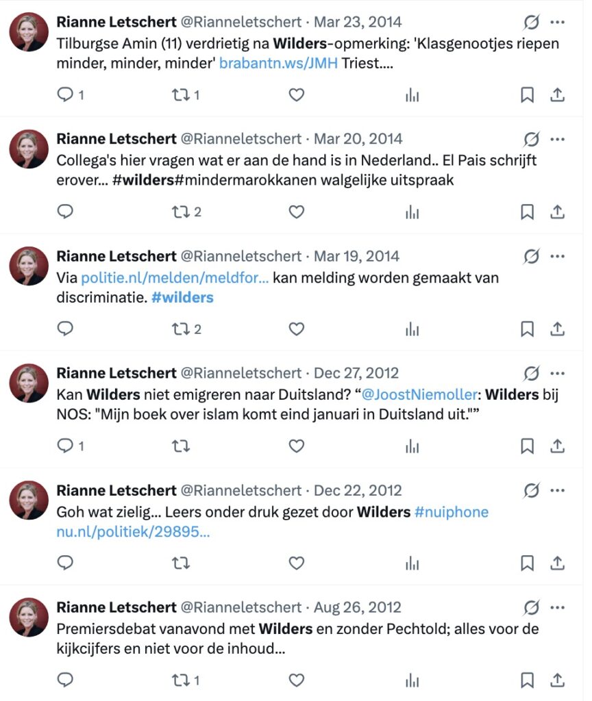 Tweets van Rianne Letschert over Geert Wilders