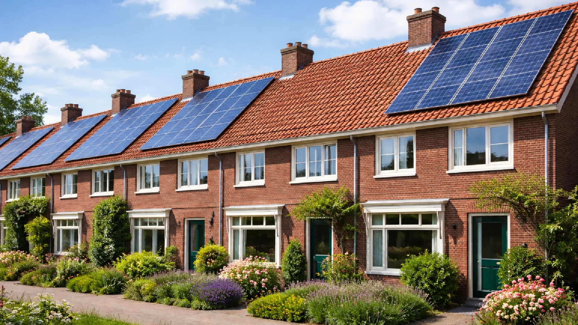 Rijtjeshuizen Nederland zonnepanelen straat Rijtjeshuizen Nederland zonnepanelen straat