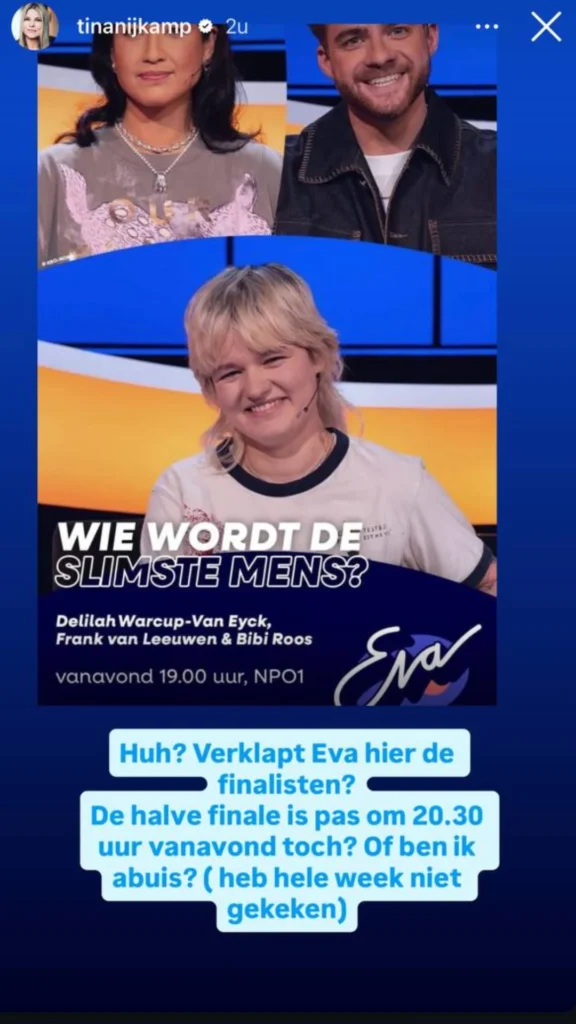 Tina Nijkamp spreekt haar verbazing uit over de aankondiging van Eva (© Instagram: @tinanijkamp)