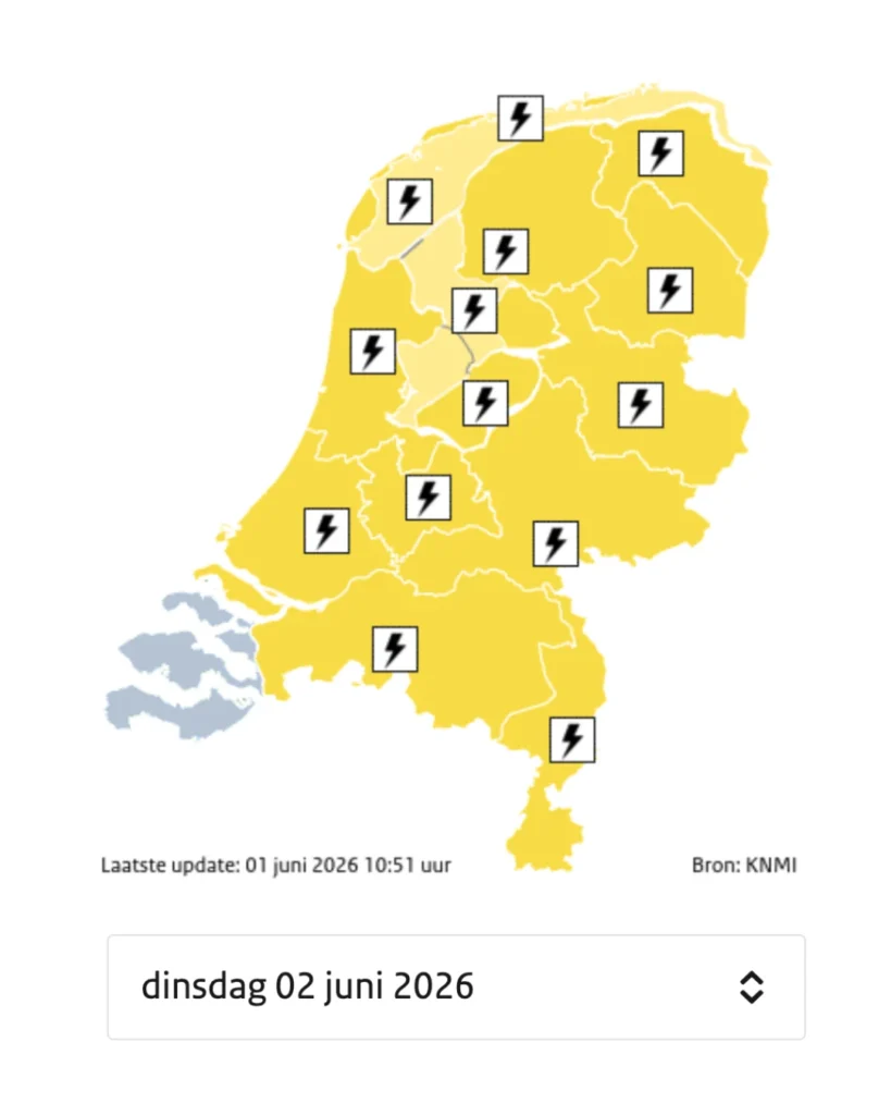 KNMI geeft code geel af voor 11 provincies (dinsdag 2 juni)