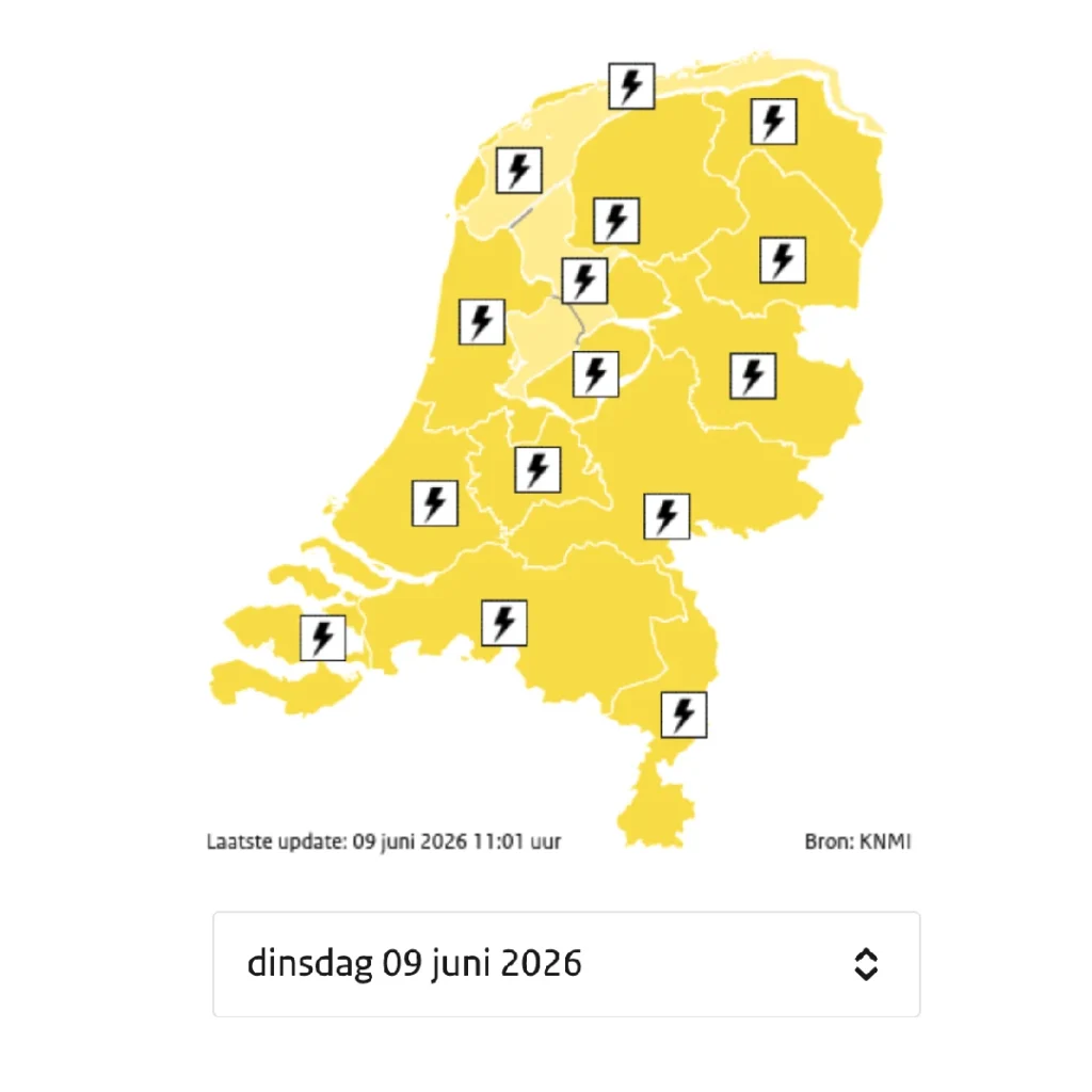 KNMI geeft code geel af voor heel Nederland (9 juni 2026)